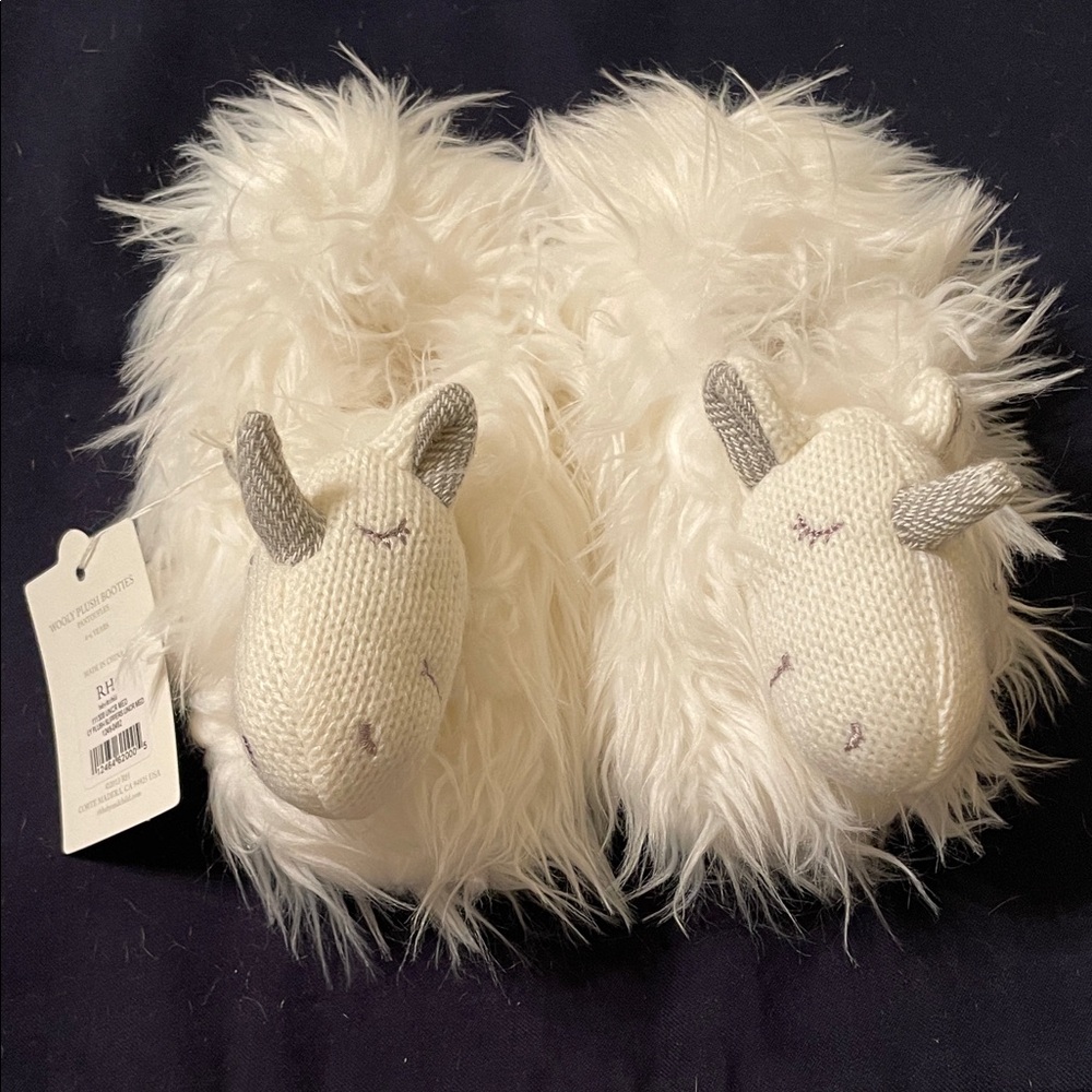 Restoration Hardware White Fluffy Unicorn Slippers